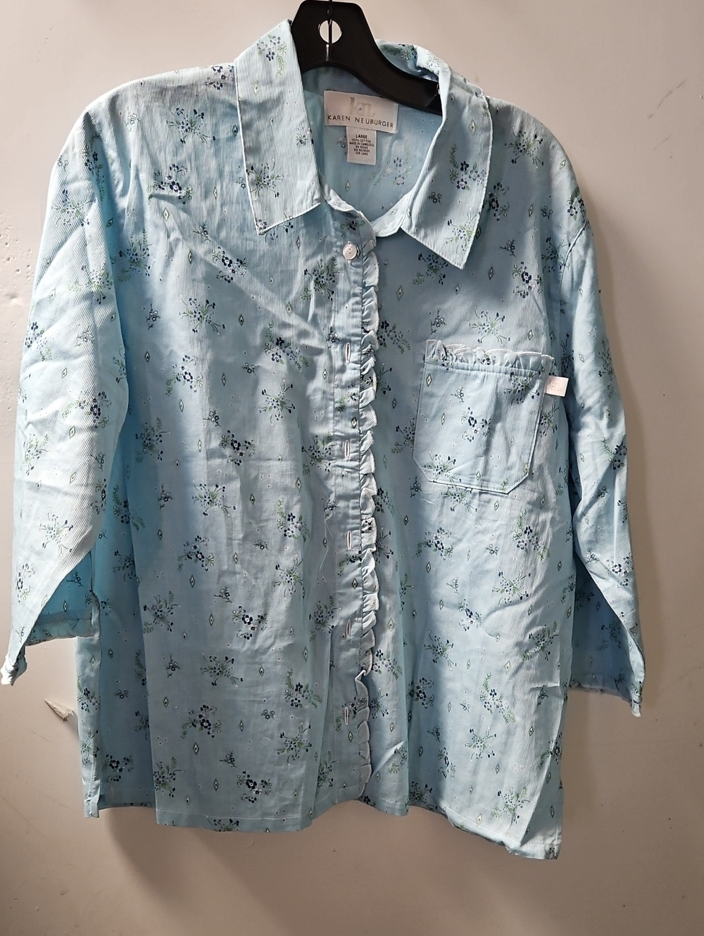 Karen Neuburger Light Blue Floral Ruffle-Front Button Shirt - Picture 1 of 5